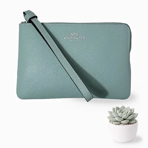 COACH Seafoam Green Blue Pebbled Leather Zip Wristlet Purse - Picture 1 of 5